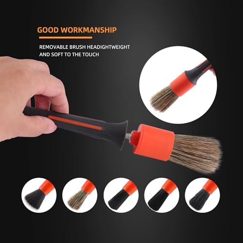 SPTA Car Detailing Brush Set, 5 Pack V2.0 Soft Boar Hair Auto Detail Brush Kit with Drill Adapter, for Automotive Interior Exterior Dashboard Engine Bay Seat Leather, Can be Used in Electric Drills - color: 5pcs Car Detailing Brush Set With Adapter