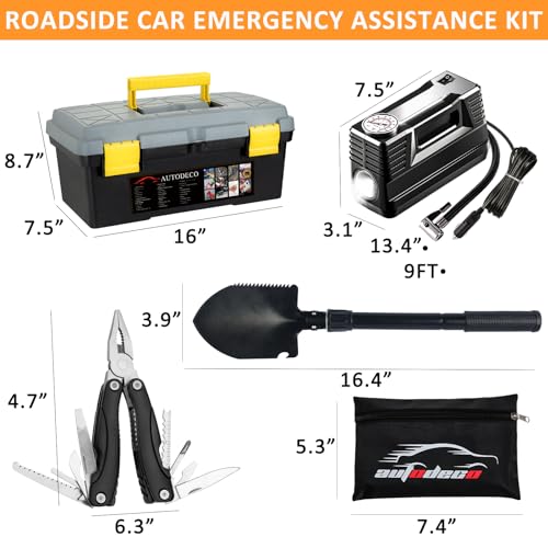 98 PCS Roadside Car Emergency Assistance Kit with Portable Air Compressor Jumper Cables Safety Hammer All in One Pliers Tool Set（Black） - color: Black