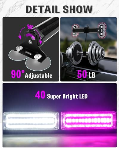 HLauto 1002L Emergency Strobe Traffic Advisor Light Bar: 40 LED Dash Safety Warning Flashing Light, Front/Rear Windshield for Construction Vehicle, Tow/Plow Truck (2x10.7inch, Purple White) - color: #08 Purple/White