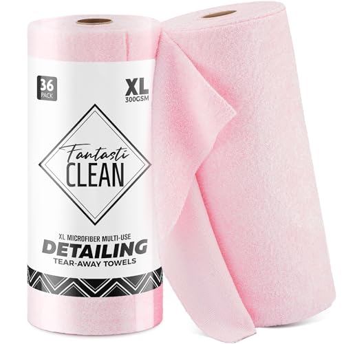 Fantasticlean XL Tear-Away Microfiber Cleaning Cloth Roll, 16'' by 16''- 36 Sheets, Thick & Large Detailing Towels, Ultra Absorbent, Lint-Free Reusable Wipes for All-Around Cleaning (Glossy Pink) - color: Pink, size: 16'' x 16''