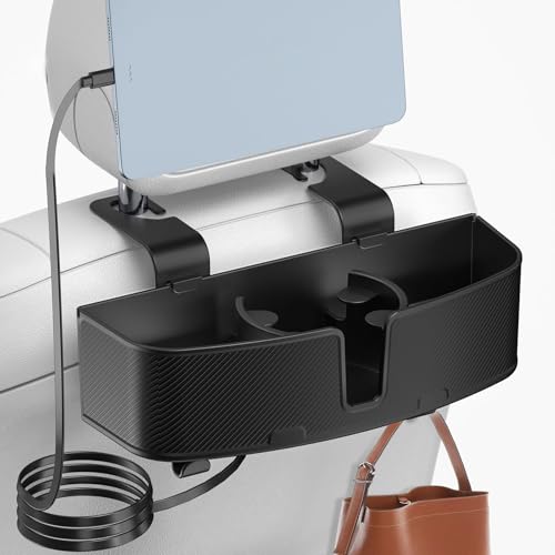 Car Headrest Cup Holder for Back Seat Organizer for Type-c/Lightning Retractable Charging Cables Multi- Hanging Snack Storage Box with Strong Hooks for Kids and Fast Charging for Travel Accessories - color: Black, size: 1 Pack