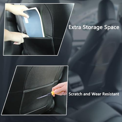 TOPABYTE Seat Back Kick Protector for Tesla Model Y Model 3 Model S Model X Leather Backseat Mats for Kids Wear-Resistant Back Seat Cover with Extra Organizer Pocket 2 PCS -Carbon Fiber