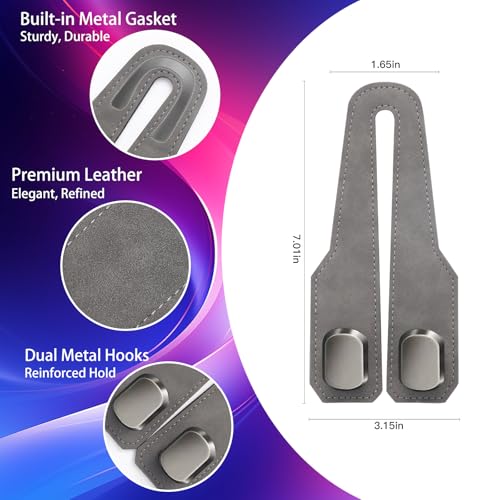 2Pcs Car Headrest Hooks with Premium Leather, Upgraded Double Metal Hooks with Anti-Drop Design, Universal Back Seat Hanger for Bags, Coats, Purses and Groceries (Stylish Gray) - color: Stylish Gray 2Pcs
