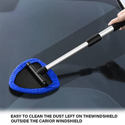 Windshield Cleaning Tool, Car Window Cleaner with 4 Washable Reusable Microfiber Pads, Extendable Long Handle Glass Wiper Cleaning Kit, Auto Accessories Universal for Office and Home (Blue) - color: Blue