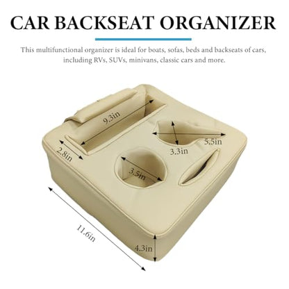 Car Back Seat Organizer, Leather Automotive Rear Seat Couch Cup Holder Expander Tray, Vehicle Cup Holder Tray Holds Snacks Remotes Phones for Truck RV Boat Couch Pillow Bed (Beige) - color: Beige