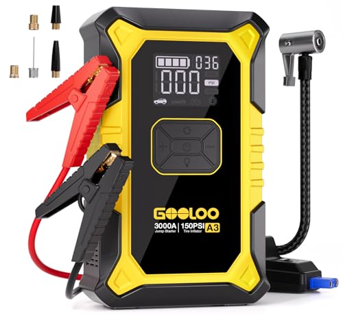 GOOLOO A3 Jump Starter with Air Compressor, 3000A Portable Car Battery Jumper Starter (9.0L Gas/6.5L Diesel) with 150PSI Auto-Shutoff Tire Inflator, 12V Supersafe Lithium Jump Box Car Booster, Yellow - color: Yellow