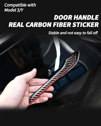 KKTR-CAR Door Handle Cover, Real Glossy Carbon Fiber Door Handle Trim Protector Set Compatible with Tesla Model y/Model 3 2017-2025 Black and red with drip (4 Pieces) - color: Real Glossy Carbon Fiber-Black and red