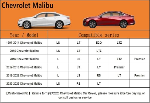 Kayme 6 Layers Car Cover Custom Fit for Chevrolet Chevy Malibu (1997-2025) Waterproof All Weather for Automobiles, Outdoor Full Cover Rain Sun UV Protection.Silver - size: 17. Custom Fit Chevrolet Malibu
