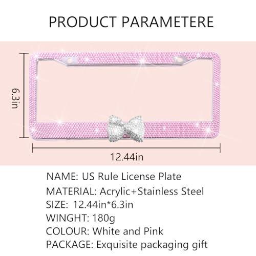 Bling Car License Plate Frame for Women, 2PCS Crystal Rhinestone Stainless Steel Vehicle Plate Holder, Glitter Diamond Sparkly Auto Plate Cover Accessories, Universal Fit (Pink/White Bow) - color: Pink/White Bow