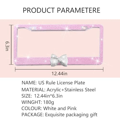 Bling Car License Plate Frame for Women, 2PCS Crystal Rhinestone Stainless Steel Vehicle Plate Holder, Glitter Diamond Sparkly Auto Plate Cover Accessories, Universal Fit (Pink/White Bow) - color: Pink/White Bow