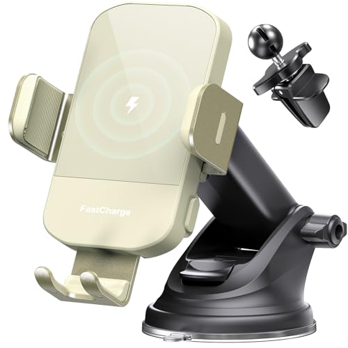 CHGeek Wireless Car Charger, 15W Fast Charging Auto Clamping Car Charger Phone Mount Phone Holder fit for iPhone 15 14 13 12 11 Pro Max Xs, Samsung Galaxy S24 Ultra S23 S22 S21, S20, S10+, Khaki - color: Khaki
