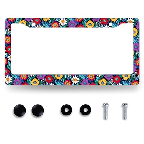 Colorful Flower License Plate Frame Beautiful Floral License Plate Holder for Front and Rear Car Tags Stainless Steel Women License Plate Car Decoration with Screws 12.2" x 6.2" - color: Colorful Flowers Floral Pattern