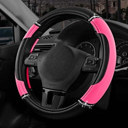 Road Comforts Leather Steering Wheel Cover - Made with PVC Leather - Anti-Slip, Universal Fit 14 1/2 inches to 15 inches - Hot Pink - color: Hot Pink