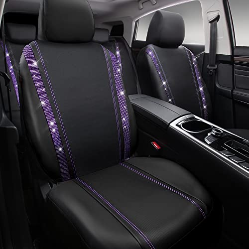 CAR PASS Bling Diamond Car Seat Covers Full Set,Shining Rhinestone Waterproof Faux Leather,Rear with Zipper,Universal Fit Automotive Glitter Crystal Sparkle Strips for Women,Violet Purple Rhinestone - color: Black Violet Diamond, size: Full Set