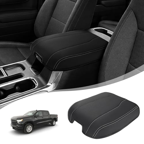 Center Console Armrest Cover for Chevy Chevrolet Silverado 1500/GMC Sierra 2019-2026, Tahoe/Suburban/Yukon 2021-2026, PU Leather Middle Console Lid Protector Cushion Thick Pad Black/Gray(Bucket Seat) - color: Black/Gray Stitch, size: Bucket Seat, Silverad