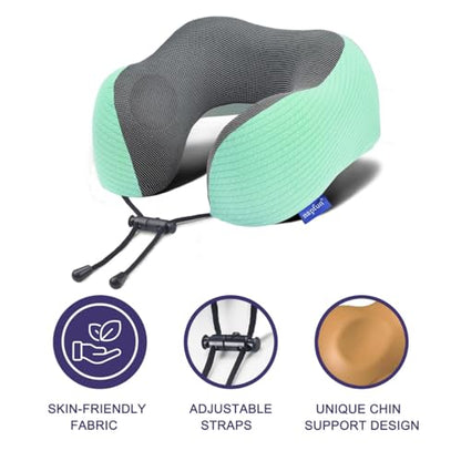 napfun Neck Pillow for Travel with Travel Pouch, Sleep Mask & Earplugs, Memory Foam Airplane Pillow for Headrest Sleep with Eyeshades, Plane Essentials with Eye Blindfold, Turquoise Striped Kit - color: Turquoise Striped Kit