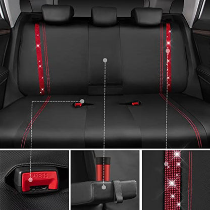 CAR Pass Bling Car Seat Covers Full Set, Shining Rhinestone Diamond Waterproof Faux Leather, Rear with Zipper, Universal Fit Automotive Glitter Crystal Sparkle Strips for Women Girl, Black Red - color: Red Diamond, size: Full Set