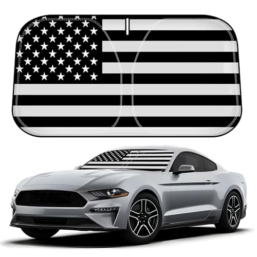 D-Lumina Windshield Sun Shade for 2015-2025 Fo-rd Mustang (NOT for Fo-rd Mustang Mach-E), Front Window Sunshade American Flag Sun Visor Sun Shield Block UV Rays Heat, Foldable 2 Layers 210T Material - size: Silver & Black-Fit 2015-2025 Ford Mustang