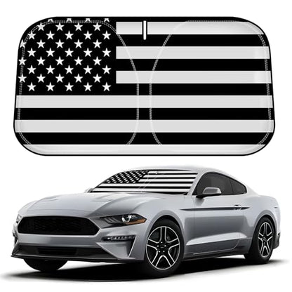 D-Lumina Windshield Sun Shade for 2015-2025 Fo-rd Mustang (NOT for Fo-rd Mustang Mach-E), Front Window Sunshade American Flag Sun Visor Sun Shield Block UV Rays Heat, Foldable 2 Layers 210T Material - size: Silver & Black-Fit 2015-2025 Ford Mustang