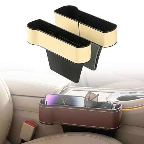 Car Seat Gap Filler Organizer, 2026 New Premium Leather Console Organizer for Holding Phone, Sunglasses, Auto Console Side Storage Box with Cup Holders 2 Seat Hooks for Drink (Beige, 1Set) - color: Beige, size: 1Set