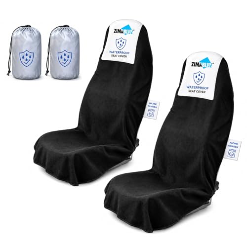 ZIMABLUE 2PC Waterproof Towel Car Seat Covers - 1kg Heavy Duty 3-Layer Microfiber Sweat Protector for Bucket Seats - Non-Slip Machine Washable Universal Fit for Gym, Yoga, Beach, Pets & Outdoors-Black - color: Black, size: 2 Pack Front Seats