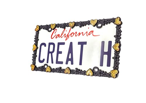 Creathome 3D Shining Daisy Heart License Plate Frame from Pure Zinc Alloy Metal Perfect Plate Holder, Matt Black with Gold Glitter, Luminously Heart - color: Matt Black with Gold Glitter, Luminously Heart
