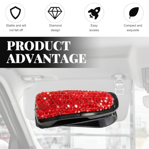 Wevdn 2 PCS Car Sun Visor Glasses Holder, Fashion Bling Car Eyeglasses Sunglasses Hanger for Women Girls, Glasses Holder Clip Hanger Mount with Ticket Card Clip, Car Accessories (Red) - color: Red