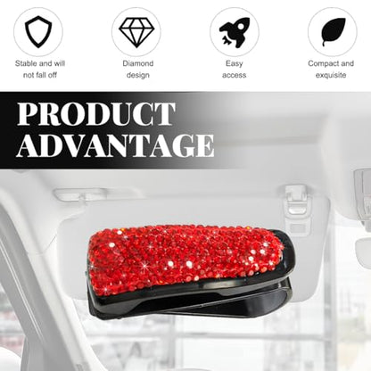 Wevdn 2 PCS Car Sun Visor Glasses Holder, Fashion Bling Car Eyeglasses Sunglasses Hanger for Women Girls, Glasses Holder Clip Hanger Mount with Ticket Card Clip, Car Accessories (Red) - color: Red