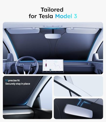 Wigoo 2026 Upgraded Accessories Tesla Model 3 Windshield Sunshade [OEM Design, 100% Sun Blockage] Foldable Heat Insulation Sun Shade with Storage Bag, for Tesla Model 3 2016~2026, Silver Coating - size: 2. Model 3 (2016-2026)