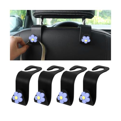 4 PCS Car Headrest Hook, Multifunctional Flower Vehicle Seat Back Storage Hook, Cute Automotive Seatback Organizer Hanger for Purse Grocery Bag Handbag, Universal Fit (Black/Blue) - color: Black/Blue