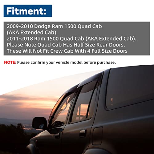 Set of 4 Front+Rear Smoke Sun/Rain Guard Outside Mount Tape-On Acrylic Window Visors Compatible with 09-18 Ram 1500 Quad/Extended Cab with Half Size Rear Doors + Full Size Front Doors - size: for 2009-2018 Dodge Ram 1500 Quad Cab