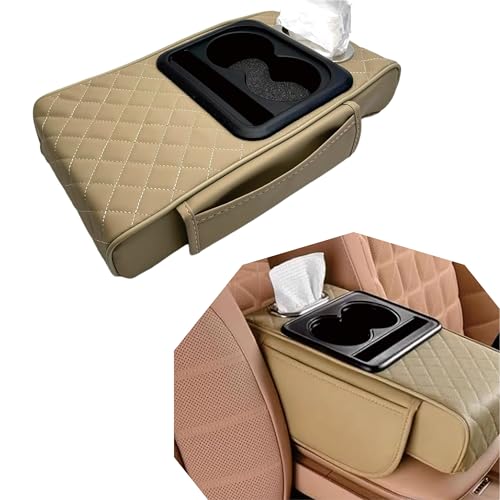 Car Center Console Cover, 5-in-1 Thickened Armrest Protector Pad, Leather Center Armrest Protector with Storage Compartment, Universal for Most Cars (Beige) - color: Beige