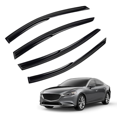 4pcs JDM 3D Wavy MU Style Window Visors Compatible with 2014-2021 Mazda 6 Atenza, Front+Rear Left+Right Outside Mount Type Dark Smoke Tint Tape-On Side Sun Rain Guards Set of 4 - size: 2014-2021 Mazda 6 Atenza