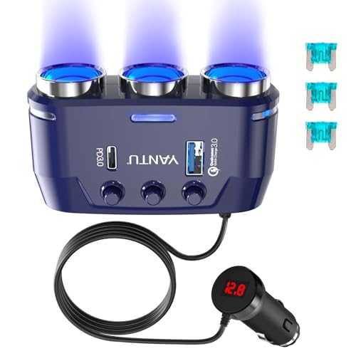 YANTU QC3.0&PD 40W Cigarette Lighter Adapter, 3-Socket 140W Cigarette Lighter Splitter with 12v USB Outlet,Car Charger Adapter with Double/Dual/USB C Charger Multi Port/Plug Outlet for Car Devices - color: B39-120W-blue