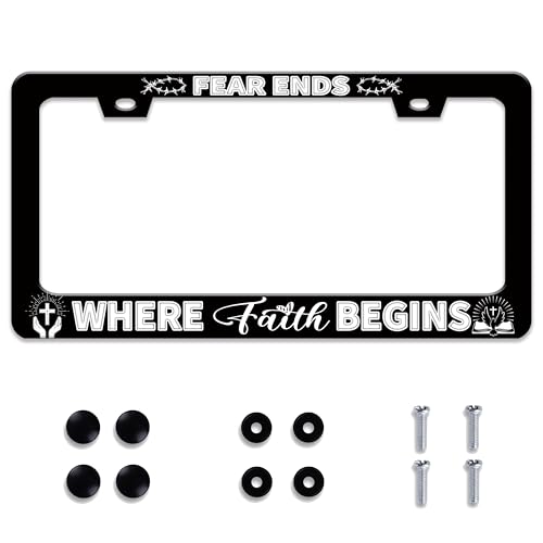 Personalized License Plate Frame Fear Ends Where Faith Begins Stainless Steel Accessory License Plate Holder Funny Car Decorative 2 Holes Fits Us Standard License Plates 12.2 X 6.3 in for Men Women - color: Fear Ends Where Faith Begins