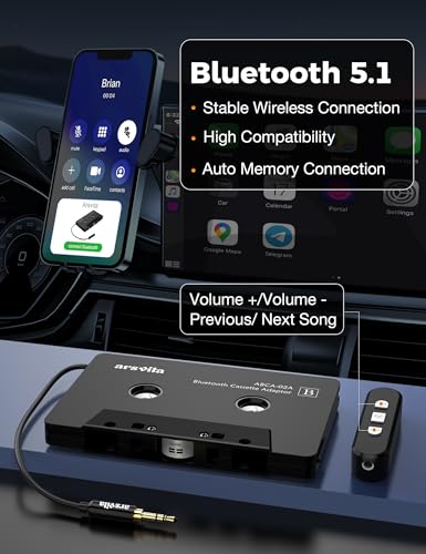 arsvita Car Audio Cassette to Aux Adapter, 5.1 Bluetooth Receiver Kit for Cassette to Aux, Bluetooth Receiver Compatible with 3.5 MM Auxillary Cable Tape, Black, Type BCAK04