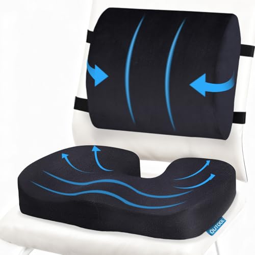 QUTOOL Seat Cushion and Lumbar Support Set for Office Chair – Supports Lower Back & Hips for Long Sitting Comfort, Helps Maintain a Comfortable Sitting Position, Ergonomic Memory Foam, Washable Cover - color: Black Seat Cushion & Lumbar Support Pillow