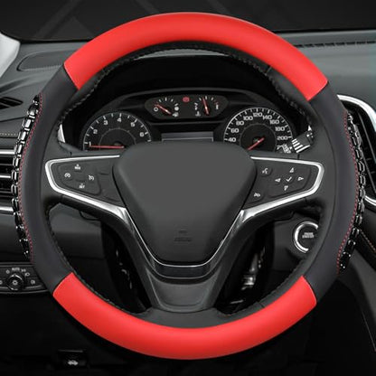 West Llama Nappa Leather Car Steering Wheel Cover Gel Massage,Cool in Summer,Universal 15 inch(Red+Black-Standard Size) - color: F-Red+Black, size: Standard size (14 ½''-15'')