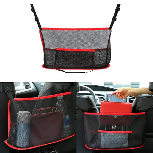 Car Net Pocket Handbag Holder, Organizer Mesh Bag Between Two Seat, Driver Storage Netting Pouch for Handbag Purse, Barrier of Backseat Pet Kids, Car Accessories for Women Men (Red) - color: Red