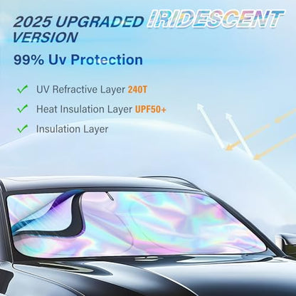 Iridescent Sun Shade for Car Windshield, Foldable Universal Car Windshield Upgrade Sunshade Enhanced UV Rays Reflective Sun Visor Shade Keeps Vehicle Cool - color: Silver- Colorful, 57"x31.5"