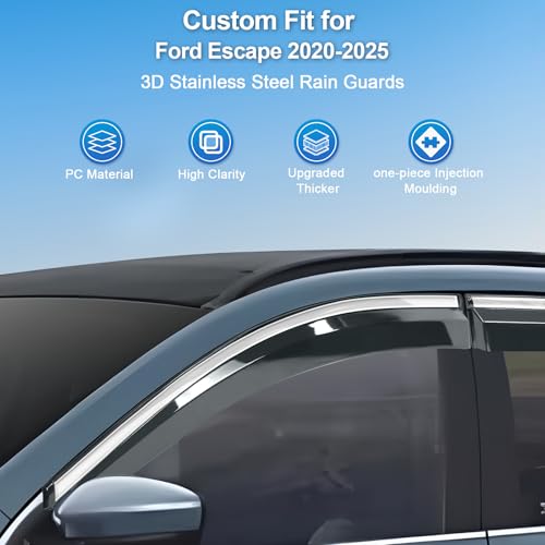Sze Rain Guards Compatible with Ford Escape 2020-2025 Side Window Deflectors Anti-Rain Window Visors with Tape 304 Stainless Steel Trim–Noise Reduction & All-Weather Protection Outside Channel-4pcs - style: Ford Escape 2020-2025