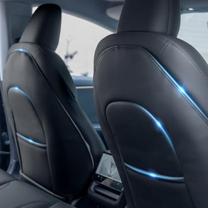 2026 Upgraded Leather Seat Back Kick Protector for Tesla Model Y/3/S/X Accessories (Includes 2026 Model Y Juniper & Model 3 Highland), Wear-Resistant Kick Mats with Organizer Pocket (Set of 2)