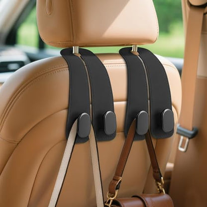 Car Seat Headrest Hooks - 2 Pack Universal Car Purse Hook, Leather Car Bag Purse Holder with Double Metal Hooks for Handbags, Grocery Bags, Bottles, Phones - color: Black