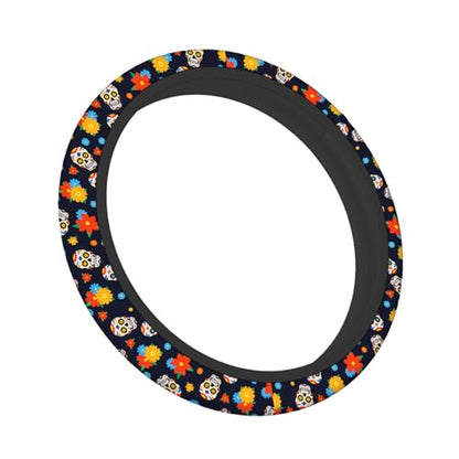 Swono Day of The Dead Sugar Skull Universal Neoprene Steering Wheel Cover Colorful Sugar Skull and Flower 15 Inch Steering Wheel Covers,Printed Steering Wheel Elastic Protection for Women and Girls - color: multi-058