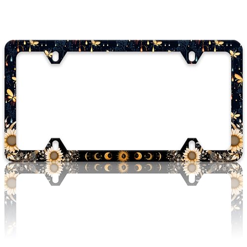 Moon Phase License Plate Frame Night Dream Butterfly Sunflower License Plate Holders Funny Auto Accessory Bracket Stainless Steel License Plate Frames with Screws for Women Men 6x12 Inch 4 Holes - color: Moon Phase