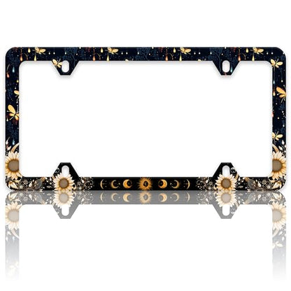 Moon Phase License Plate Frame Night Dream Butterfly Sunflower License Plate Holders Funny Auto Accessory Bracket Stainless Steel License Plate Frames with Screws for Women Men 6x12 Inch 4 Holes - color: Moon Phase