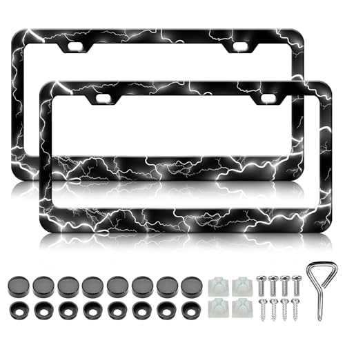 Lightning License Plate Frame - 2PCS Black Cool Thunder Stainless Steel Metal License Plate Holder, Rust-Proof Waterproof Car Decorative Tag Frames - color: Black Cool Thunder