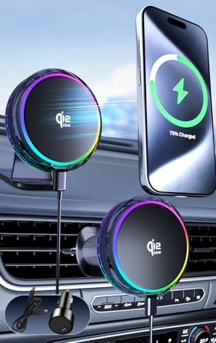 25W MagSafe Compatible Car Mount Charger with Air-Cooled, 3500gf Magnetic Phone Holder for iPhone and Android, Dash Air Vent with Rainbow Ambient Light Valentines Day Gifts