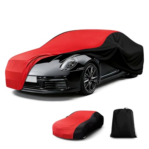 Indoor Car Cover, Stretch Satin Soft Dust Protection, Universal Fit for 173-189 Inch Sedans, Breathable Full Car Cover for Garage, Car Show, Windproof with Storage Bag, Red & Black - size: L ( FIT 180*70*47inches)