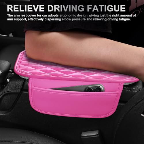 CAR PASS 3D Rhombus Pink Leather Steering Wheel Cover Car Accessories Set, Center Console Armrest Cushion with Storage Bags 2 Non-Slip Cup Coasters, 14.5-15in Cute Car Interior Sets, 4 PCS Hot Pink - color: Hot Pink
